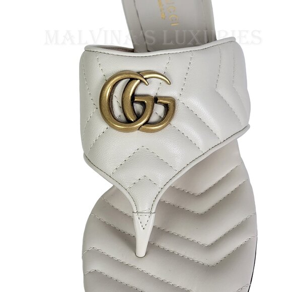 GUCCI SHOES DOUBLE G MARMONT LOGO WHITE QUILTED THONG SANDALS - Picture 10 of 15